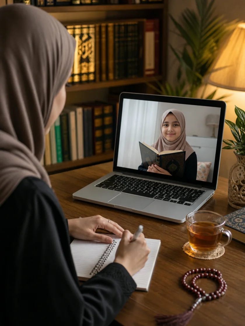 معلمة تُدرّس طالبة عبر الإنترنت في بيئة دراسة إسلامية دافئة مع كتب القرآن وإضاءة طبيعية