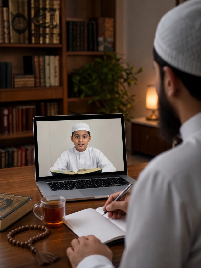 معلم يُدرّس طالبًا عبر الإنترنت في بيئة دراسة إسلامية دافئة مع كتب القرآن وإضاءة طبيعية